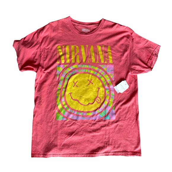 Altar'd State Nirvana Smiley Face T shirt Coral M/L - Picture 1 of 7